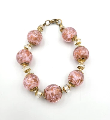 Brazalete de cuentas de cristal estilo Murano rosa y dorado 7" anudado a mano Foto 1 de 4