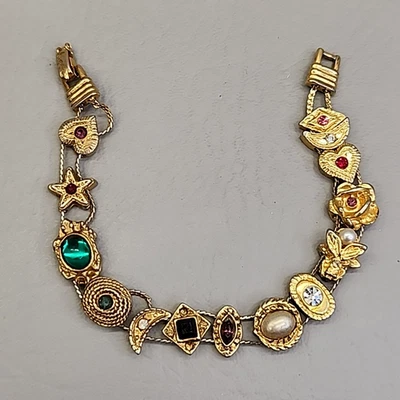 Pulsera Deslizante Vintage Dije Corazón Mosca Estrás Tono Dorado 7" Foto 1 de 4