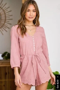 Lulus Made your Day Mauve Pink Embroidered Button Front Romper Shorts Medium - Picture 1 of 8