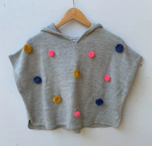 JACK & MILLY Grey Hooded Wool Blend Pom Pom Poncho Size L - Picture 1 of 7