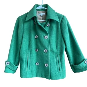 CAbi Kelly Green Double Breasted Peacoat Wool Blend Winter Coat Size 8 Casual - Picture 1 of 10