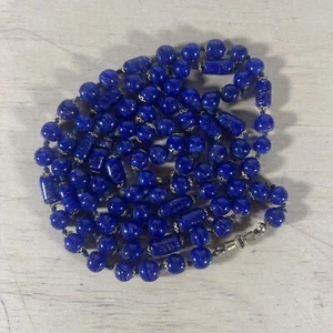 Vtg Murano Blue Latticino Aventurine Venetian Glass Barrel Bead Necklace 24” - Picture 1 of 6