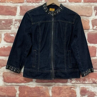 Ruby Rd Blazer Jean Jacket Womens Size 8 Blue Denim Metal Beaded Accent Zip Up - Image 1 of 4