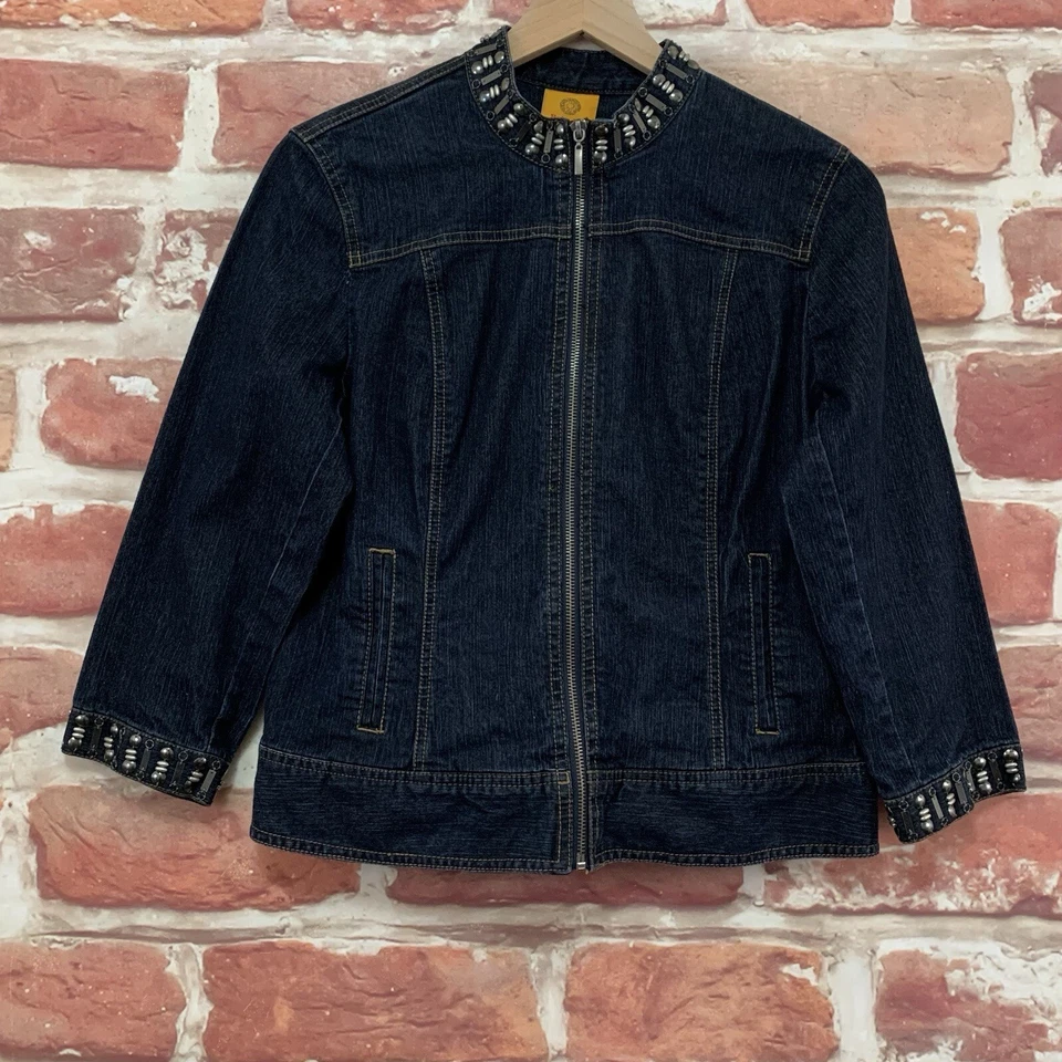 Ruby Rd Blazer Jean Jacket Womens Size 8 Blue Denim Metal Beaded Accent Zip Up - Image 1 of 4
