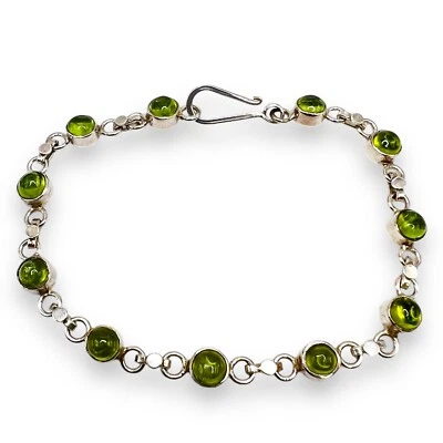 Sterling Silver Natural Green Peridot Chain Link Gemstone Tennis Bracelet 7.25" - Image 1 of 4