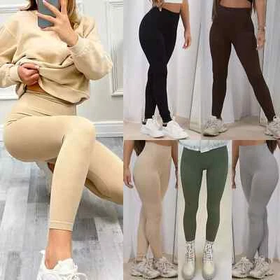 Womens High Waist Thick Seamless Ribbed Stretchy Leggings Ladies Jogging Bottoms - Image 1 of 4