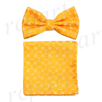 Men's microfiber Pre-tied Bow Tie & hankie set gold yellow dots formal prom - Image 1 of 4