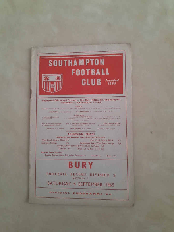 SOUTHAMPTON V BURY ( SATURDAY 4TH SEPTEMBER 1965 ) - Image 1 of 1