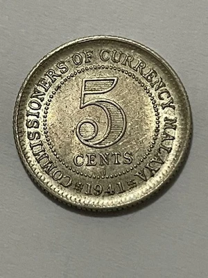 👀MALAYA 1941 5 CENTS SILVER COIN HIGH GRADE UNC SCARCE KGVI ANTIQUE 👀 - Image 1 of 2