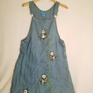 Vintage Flamingo Road Panda Overall Denim Dress Medium Pinafore - Picture 1 of 9