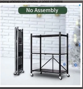 Organizer 3 Tier Foldable Metal Storage Shelves Rack with Wheels Rolling Cart - Picture 1 of 4