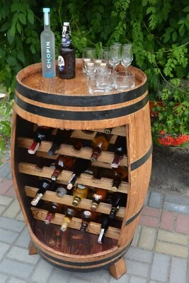 Holztisch aus Eichen Weinfass Massiv Flaschen Regal Schrank Stehtisch Bar Möbel - Bild 1 von 3