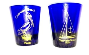 Kobaltblau Glas Schnapsgläser Goldbilder Clearwater Florida Souvenir - Bild 1 von 4