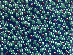 1 YD CHRISTMAS WINTER SNOWY TREES BIRDHOUSES ON BLUE POLYCOTTON PRINT FABRIC - Picture 1 of 3