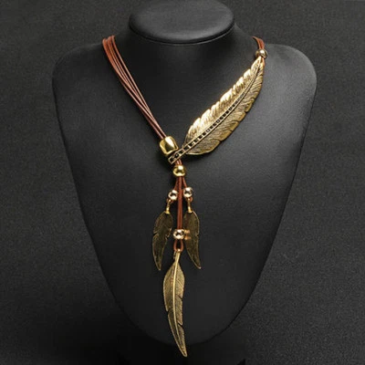 Women Fashion Necklace Bohemian Style Leather Rope Chain Feather Pattern Pendant - Image 1 of 4
