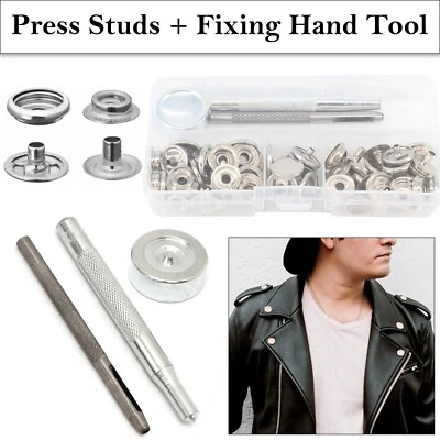 Silber Druckknöpfe 15mm + 3 Teile Befestigung Hand-Werkzeug Set für Bekleidung - Bild 1 von 4