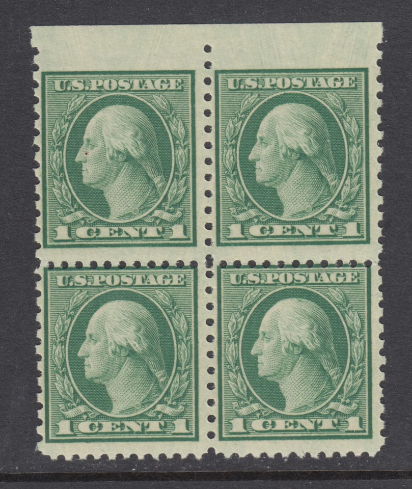 US Sc 538 MNH. 1919 1c Washington Block of 4, imperf at top & MISPERF, fresh - Image 1 of 1