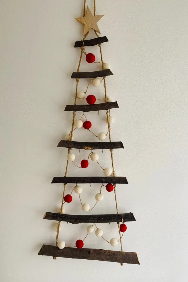 Rustic Wooden Wall Hanging Twig Christmas Tree with Hooks - Image 1 of 4