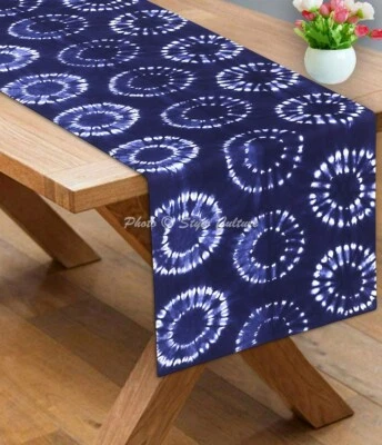 Bohemian Cotton Canvas Table Runner Shibori Blue Long Circles Tie Dye Tablecloth - Image 1 of 4