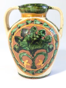 Italian Redware Majolica Glaze Vase Jug Handle Terracotta 7" Italy Nature Floral - Picture 1 of 11