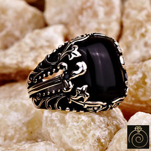 Warrior Statement Ring Engraved Dagger Silver Onyx Stone Cocktail Jewelry For