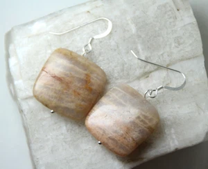 Moonstone Earrings Pink Peruvian 20mm Round Square Gemstone .925 Sterling Silver - Picture 1 of 4