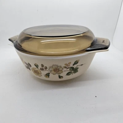 Pyrex  Autumn Glory Vintage Oval White Opal Casserole Dish Smoked Lid 1960 - Image 1 of 4