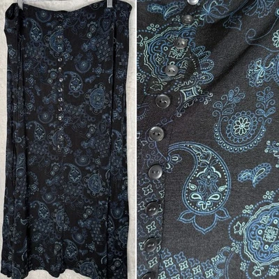 VTG Whimsigoth Maxi Skirt XL Black DitsyFloral Slinky Button Front Dark Romantic - Image 1 of 4