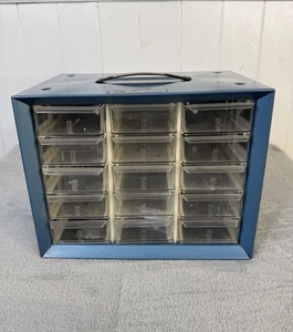 Vtg Akro-Mils 15 Drawer Metal Parts Organizer Storage Cabinet Bin Hardware Blue - Picture 1 of 12