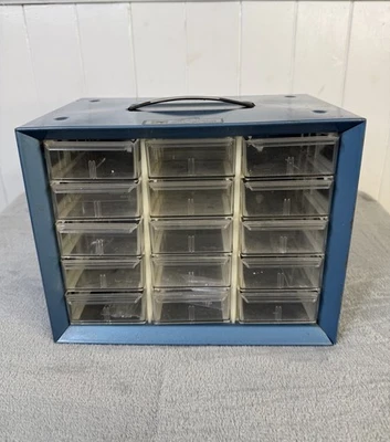 Vtg Akro-Mils 15 Drawer Metal Parts Organizer Storage Cabinet Bin Hardware Blue - Image 1 of 4