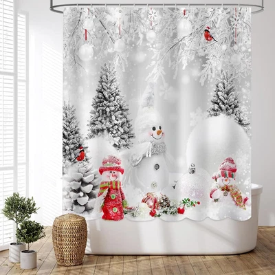 MEHOFOND Christmas Snowman Shower Curtain, Grey Winter Snowflake Holiday Xmas Fa - Image 1 of 4