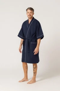 Mens Contare Sizes S-7XL Navy Blue Cotton Waffle Dressing Gown Bath Robe - FNV - Picture 1 of 6