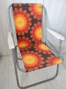Vintage Retro Braun Orange Blumen Klapp Liege Garten Stuhl Blumen Camping - Bild 1 von 10