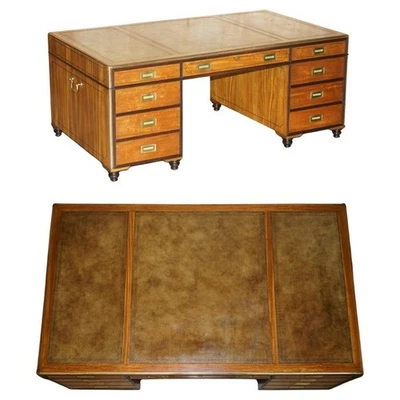 EXQUISITE EXTRA LARGE DOUBLE SIDED MILITARY CAMPAIGN TWIN PEDESTAL PARTNER DESK - Image 1 of 4