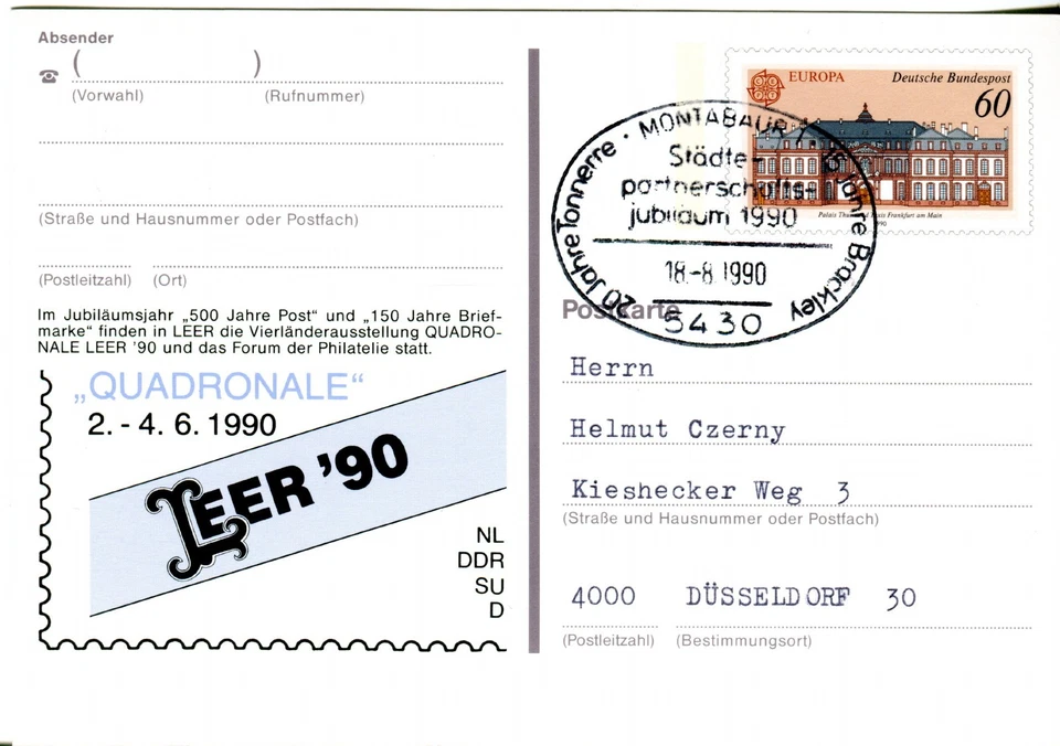 1990 Germany. Montabaur pm on 60pf Europa Quadronale Leer 90 stationary postcard - Image 1 of 1