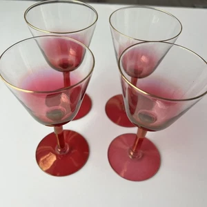 4 Vintage MCM RETRO Red Blendo Wine Glasses Gold Rim Ombre - Picture 1 of 13