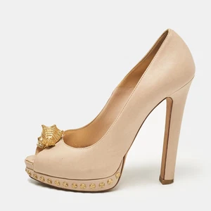 Alexander McQueen Beige Leather Skull Detail Studded Platform Peep Toe Pumps - Picture 1 of 9