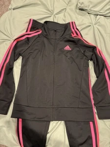 Adidas Youth Girls 2 pc Active Black w/pink Stripes Full Zip Jacket & Pant Sz 6 - Picture 1 of 11