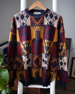 Vtg 80s Sears Roebuck Knit Sweater XL Made in Italy Geometric Pattern Pullover - Image 1 of 4