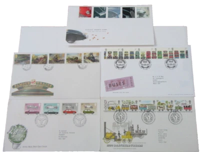 QUEEN ELIZABETH II CARS BUSES & TRAINS STAMP COVERS X 5 - PLEASE SEE PHOTOGRAPHS - Image 1 of 4