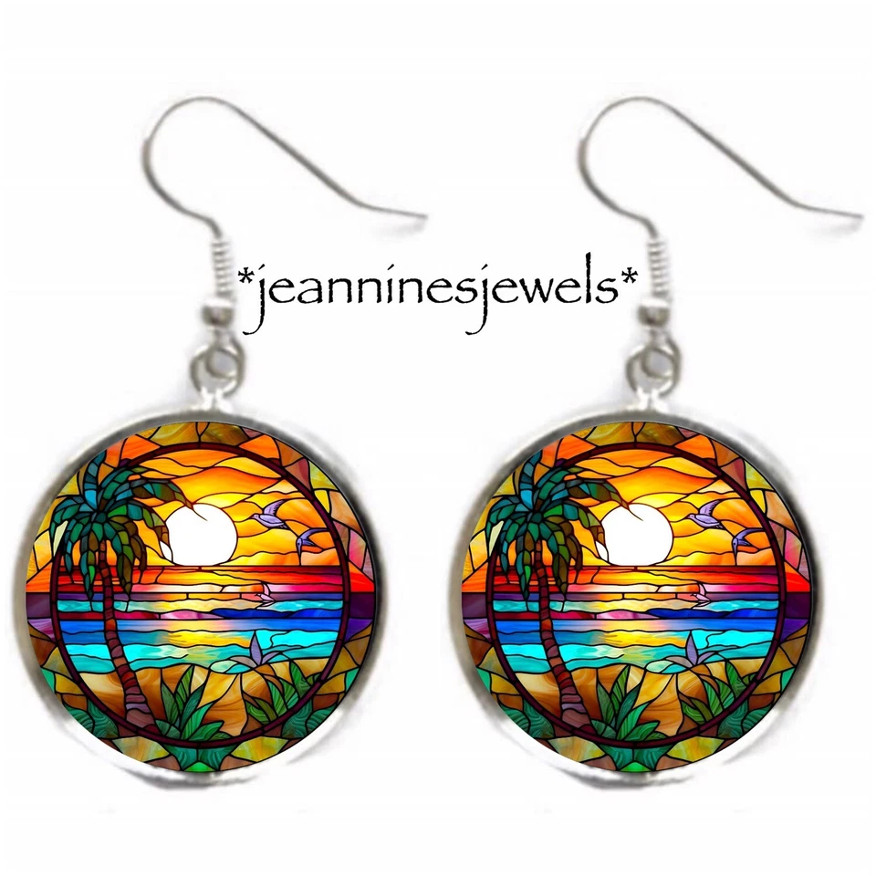 Pendientes Florida Beach Sunset FAUX vitral IMPRESIÓN ARTÍSTICA plata dije colgante Foto 1 de 4