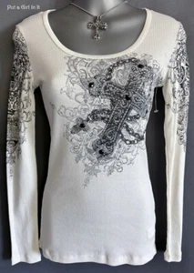 New VOCAL Womens CRYSTAL IVORY CROSS ROSARY LONG SLEEVE SHIRT S Small USA - Picture 1 of 3