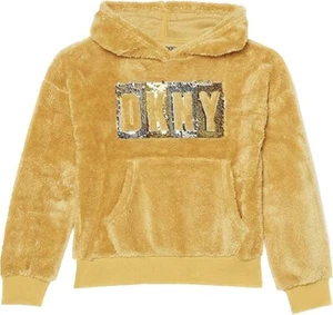 New Girls DKNY Hoodie Sequin Sweatshirt Super Soft Plush Mustard Yellow XL 14/16 - Picture 1 of 1