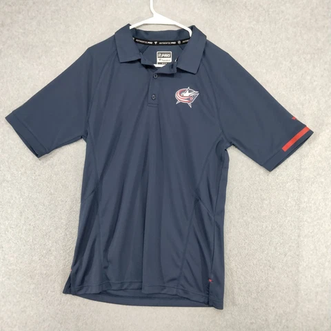 NHL Hockey Fanatics Mens Medium Columbus Blue Jackets Polo Shirt Blue Logo Cover