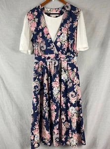 Vtg Sweet Miranda Dress Women's 14P Floral Underlay Bib Pockets Cottagecore - Picture 1 of 7