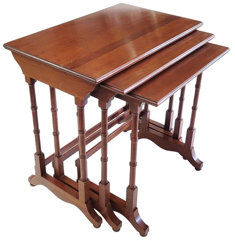 SET of 3 Vintage Modern BAMBOO Style Carved Mahogany NESTING TABLES ETHAN ALLEN Cover