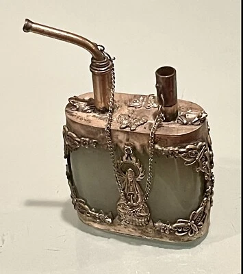 Cachimbo antigo chinês tibetano verde jade prata decorado dispositivo para fumar - Imagem 1 de 4