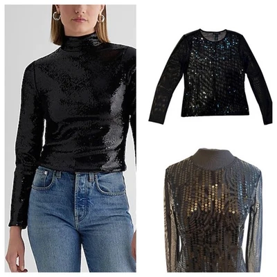 Blusa Top Express Manga Larga Transparente Cuello Redondo Negra Lentejuelas Para Mujer Talla (M) Foto 1 de 4