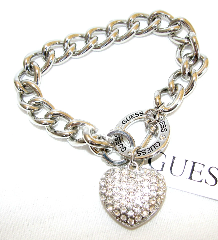 Nuovo Guess Color Argento Catena Bracciale Gonfio Cuore Ciondolo Alternare - Immagine 1 di 2