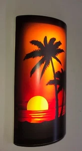 SET OF 2 EACH TROPICAL PALM TREE SUNSET LED LIGHTED WALL SCONCE BATTERY OPERATED - Picture 1 of 4